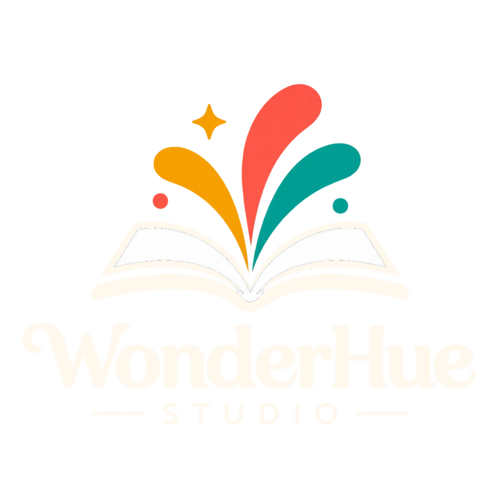 WonderHue Studio logo with warm white lettering, an open book, and colorful coral, amber, and teal creative elements.