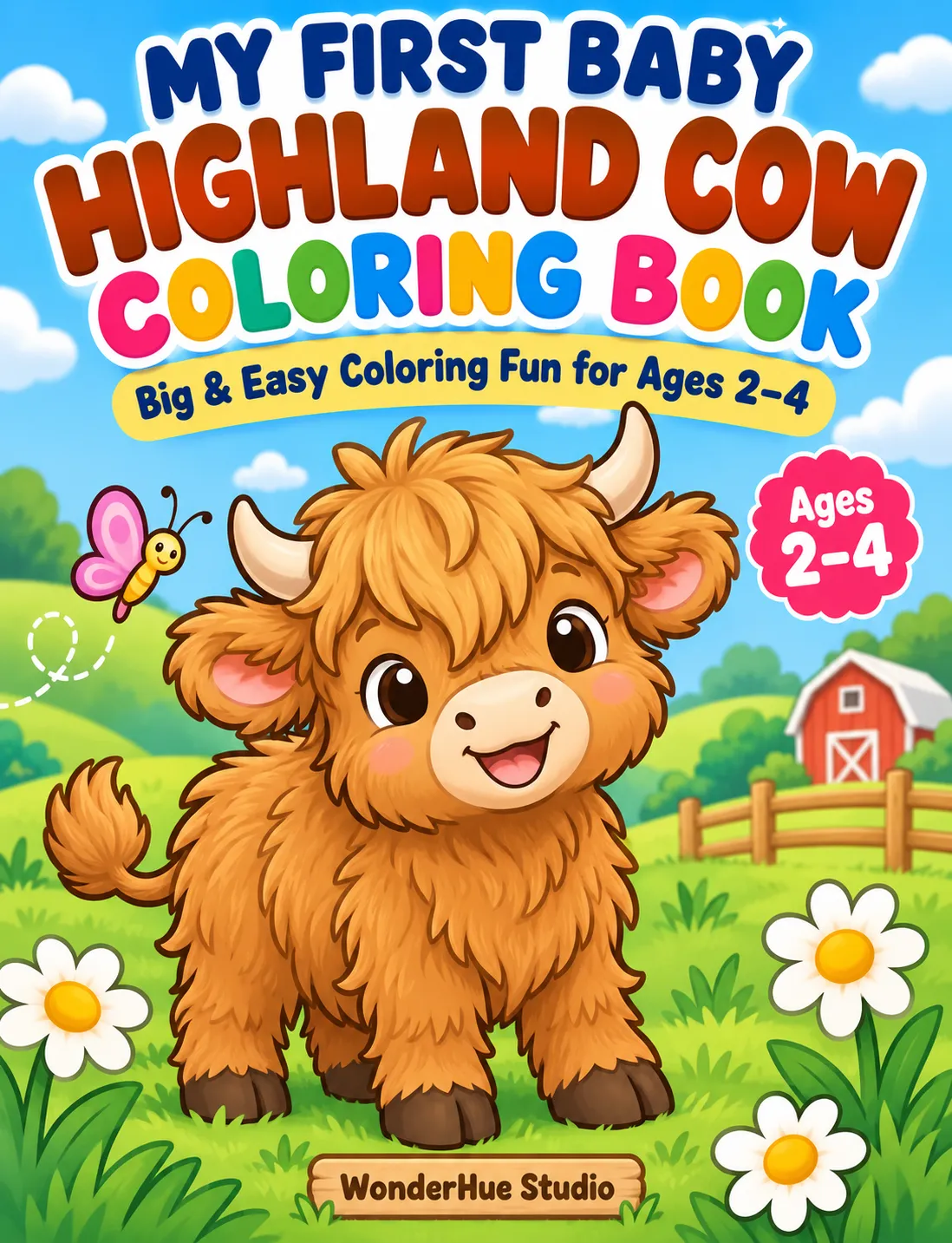 Baby Highland Cow coloring book cover by WonderHue Studio