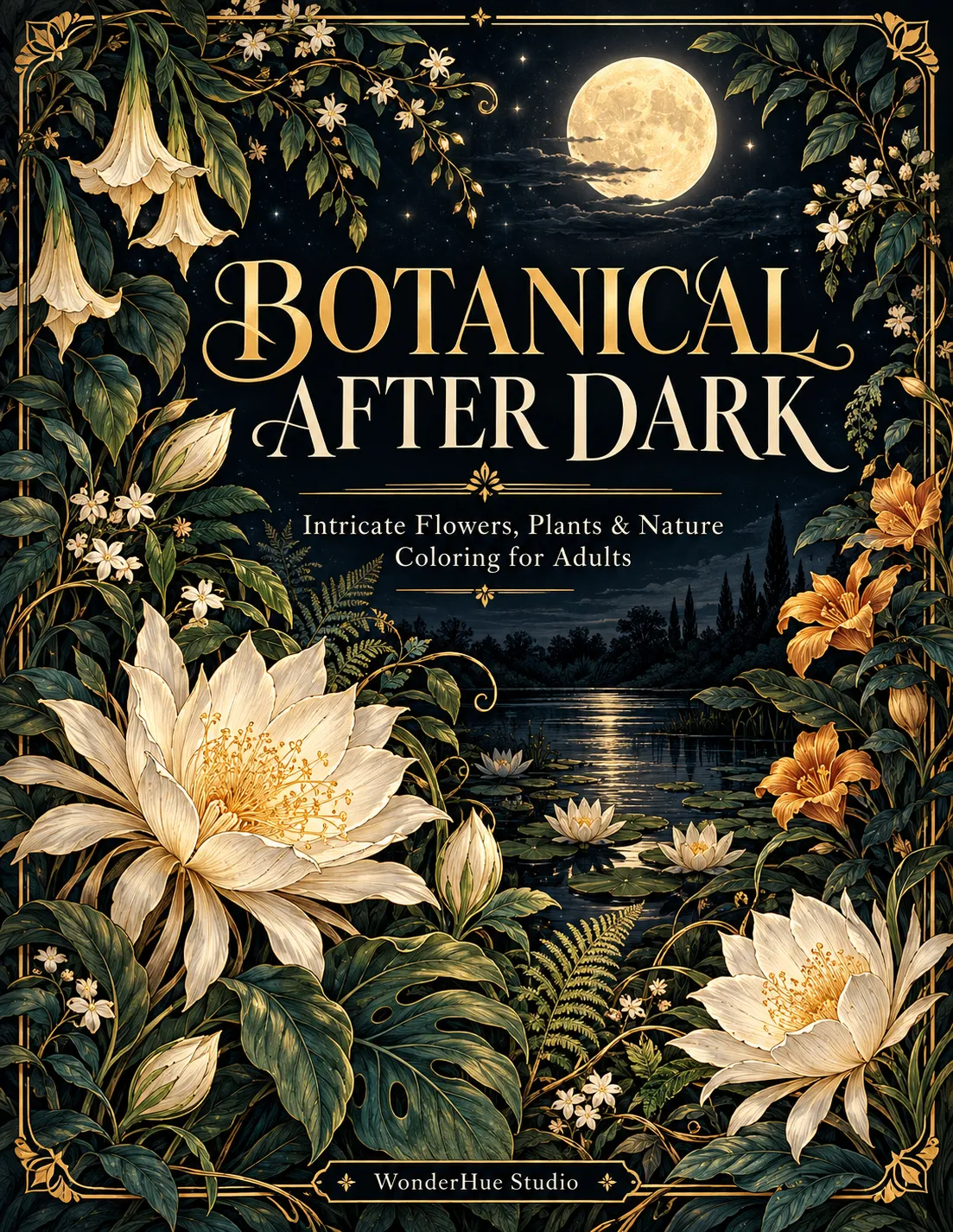 Botanical After Dark cover featuring elegant night flowers, moonlight, and premium decorative typography.