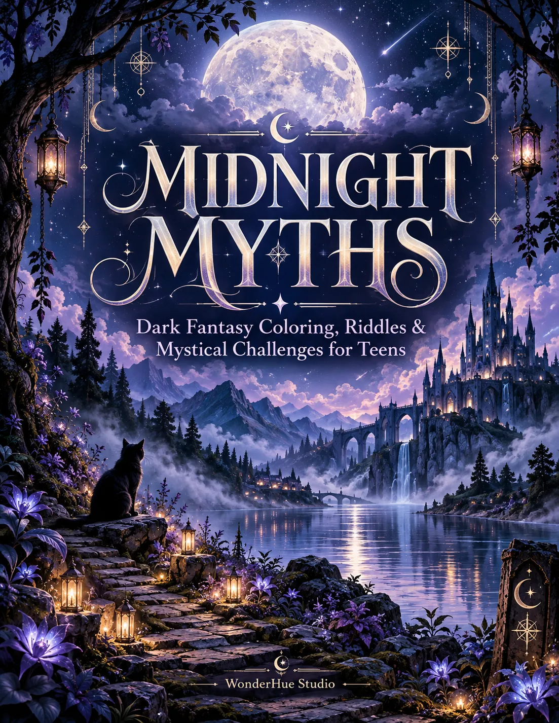 Midnight Myths cover featuring a moonlit fantasy landscape with mystical typography and a castle in the distance.