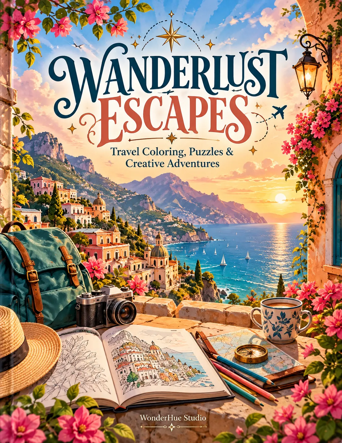 Wanderlust Escapes cover featuring a colorful coastal destination with travel objects and editorial typography.