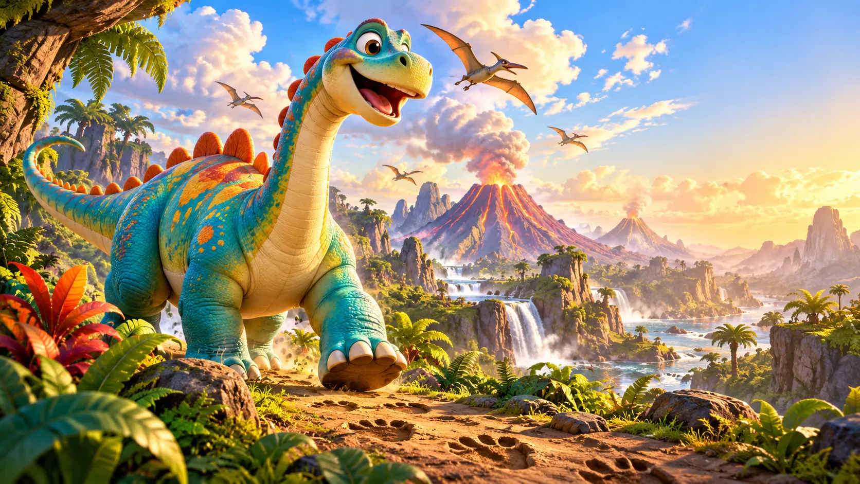 A colorful friendly dinosaur walking through a vibrant prehistoric landscape with waterfalls and volcanoes.
