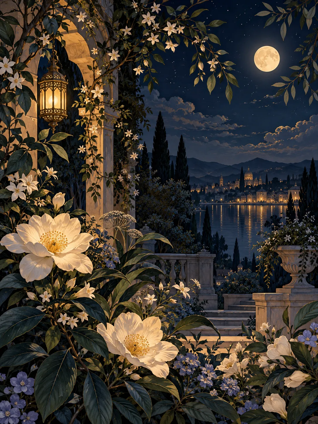 A moonlit botanical terrace filled with elegant white flowers, greenery, and a peaceful city view in the distance.