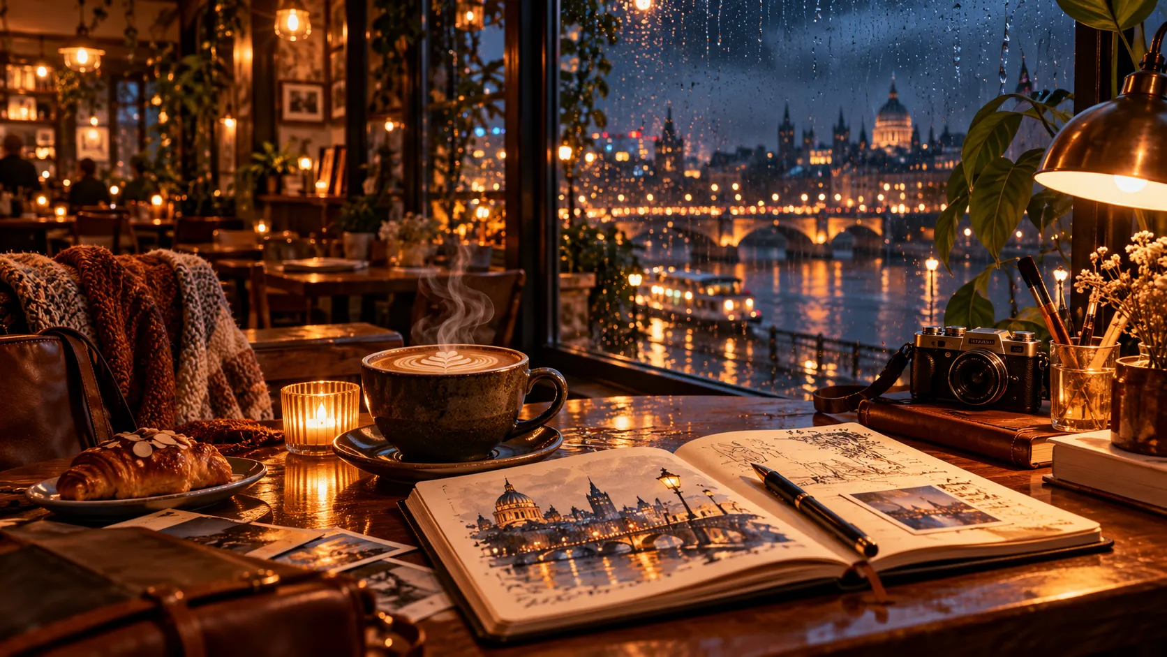 A cozy nighttime café scene with coffee, sketchbooks, warm lights, and a rainy city view through the window.