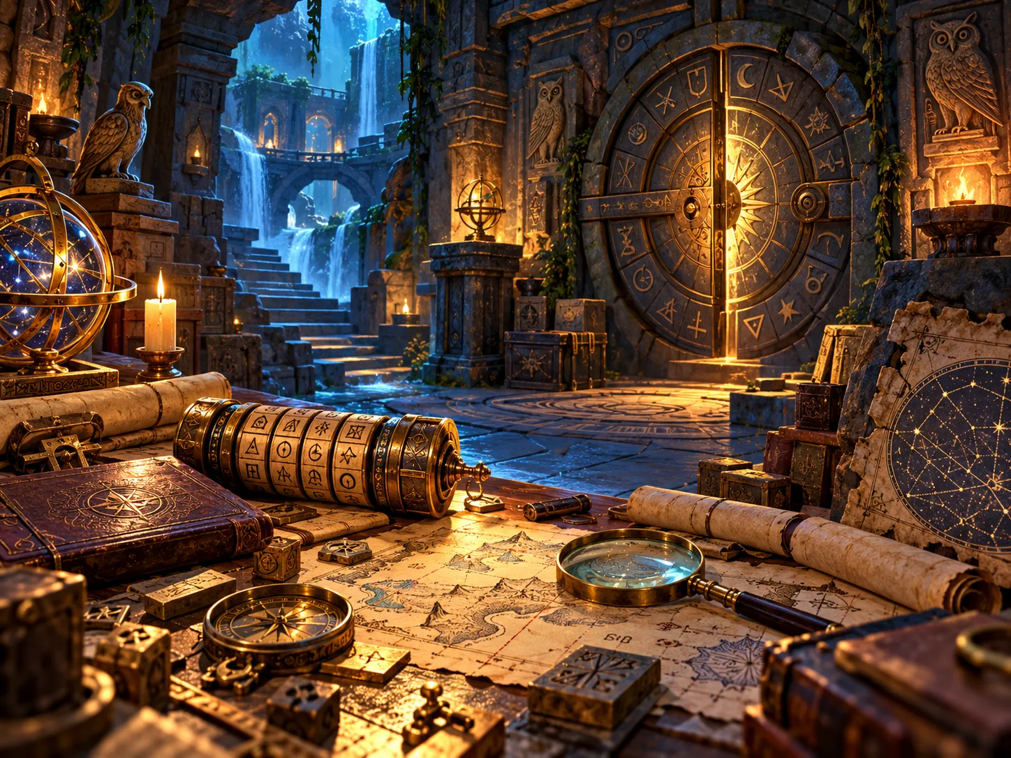 A mysterious ancient chamber filled with maps, symbols, puzzle tools, and a glowing circular stone door.
