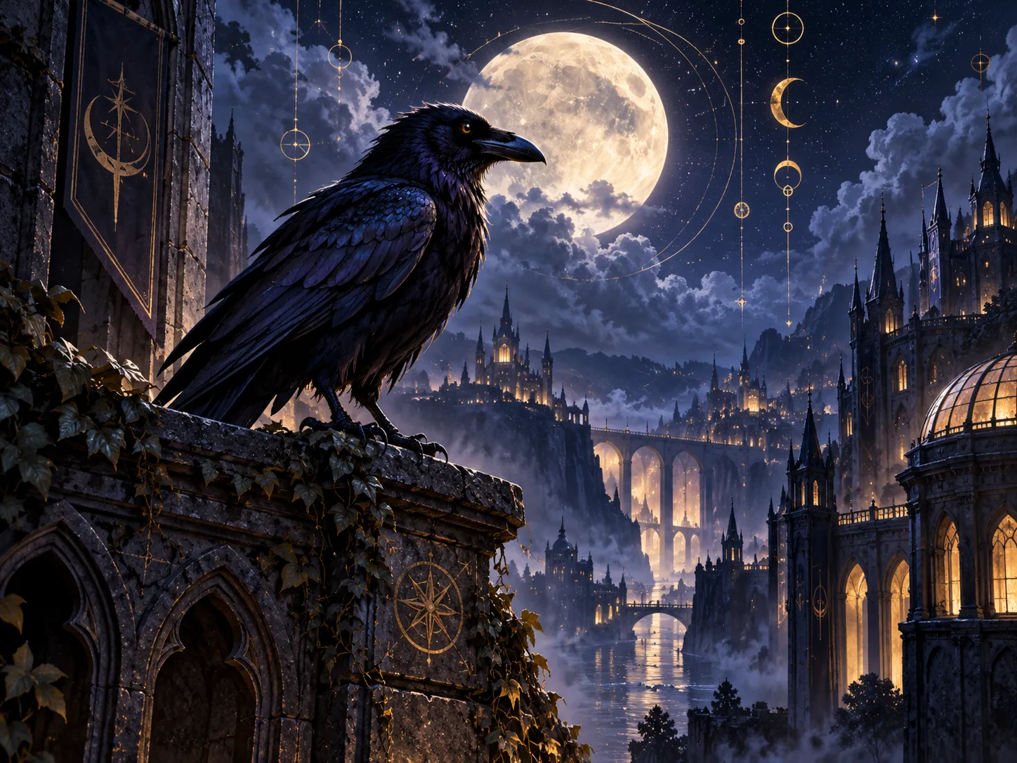 A dark raven perched above a moonlit fantasy city with gothic architecture and glowing night skies.