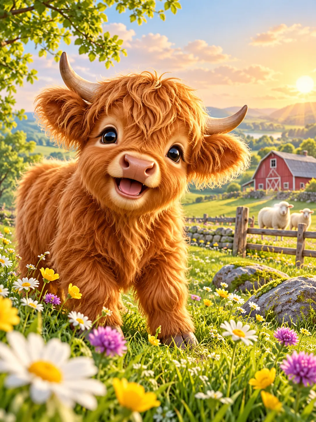 A cheerful baby Highland cow standing in a sunny flower-filled meadow near a red barn.