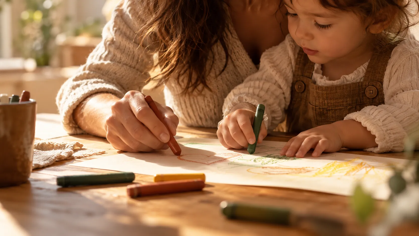 Adult and child drawing together at a table in a warm creative moment for WonderHue Studio